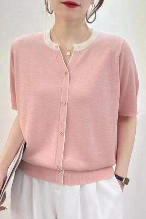 Summer Color-Blocked V-Neck Ice Silk Knitted Top - Elegant Loose Short Sleeve Shirt in Lightweight Lyocell