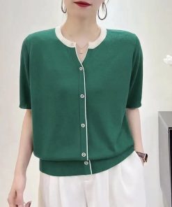 Summer Color-Blocked V-Neck Ice Silk Knitted Top - Elegant Loose Short Sleeve Shirt in Lightweight Lyocell
