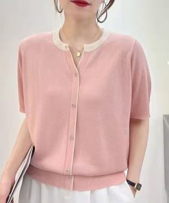 Summer Color-Blocked V-Neck Ice Silk Knitted Top - Elegant Loose Short Sleeve Shirt in Lightweight Lyocell