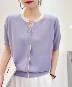 Summer Color-Blocked V-Neck Ice Silk Knitted Top - Elegant Loose Short Sleeve Shirt in Lightweight Lyocell