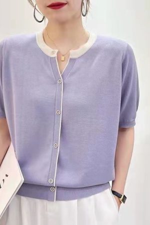 Summer Color-Blocked V-Neck Ice Silk Knitted Top - Elegant Loose Short Sleeve Shirt in Lightweight Lyocell