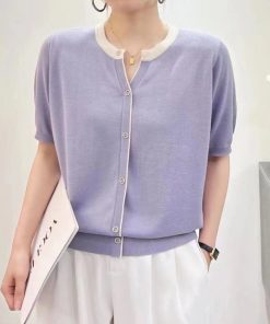Summer Color-Blocked V-Neck Ice Silk Knitted Top - Elegant Loose Short Sleeve Shirt in Lightweight Lyocell