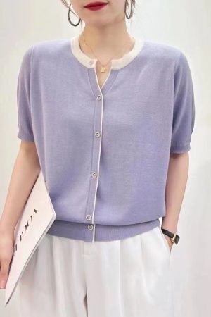 Summer Color-Blocked V-Neck Ice Silk Knitted Top - Elegant Loose Short Sleeve Shirt in Lightweight Lyocell