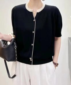 Summer Color-Blocked V-Neck Ice Silk Knitted Top - Elegant Loose Short Sleeve Shirt in Lightweight Lyocell