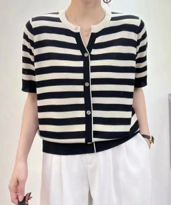 Summer Color-Blocked V-Neck Ice Silk Knitted Top - Elegant Loose Short Sleeve Shirt in Lightweight Lyocell