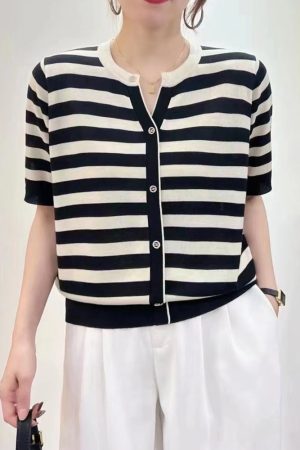 Summer Color-Blocked V-Neck Ice Silk Knitted Top - Elegant Loose Short Sleeve Shirt in Lightweight Lyocell
