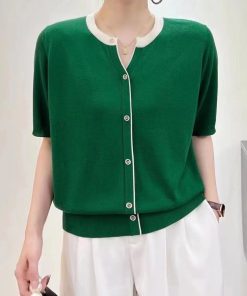 Summer Color-Blocked V-Neck Ice Silk Knitted Top - Elegant Loose Short Sleeve Shirt in Lightweight Lyocell