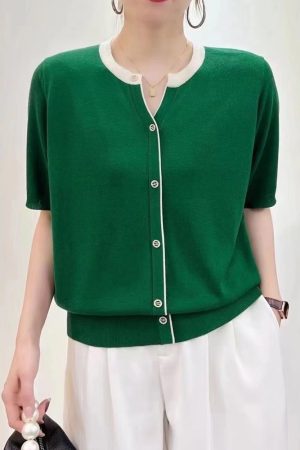 Summer Color-Blocked V-Neck Ice Silk Knitted Top - Elegant Loose Short Sleeve Shirt in Lightweight Lyocell