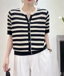 Summer Color-Blocked V-Neck Ice Silk Knitted Top - Elegant Loose Short Sleeve Shirt in Lightweight Lyocell