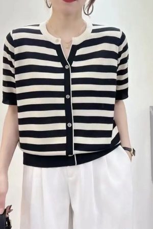 Summer Color-Blocked V-Neck Ice Silk Knitted Top - Elegant Loose Short Sleeve Shirt in Lightweight Lyocell