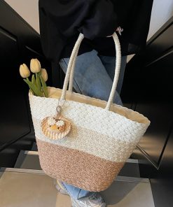 Summer Color-Blocking Woven Bag for Women - Large Capacity Commuting Vegetable Basket Shoulder Beach Bag 2025 Vacation Style