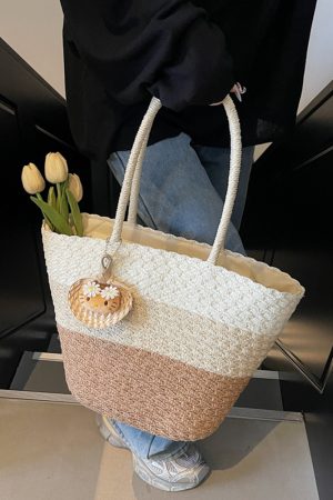 Summer Color-Blocking Woven Bag for Women - Large Capacity Commuting Vegetable Basket Shoulder Beach Bag 2025 Vacation Style