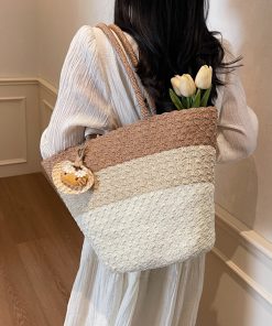 Summer Color-Blocking Woven Bag for Women - Large Capacity Commuting Vegetable Basket Shoulder Beach Bag 2025 Vacation Style