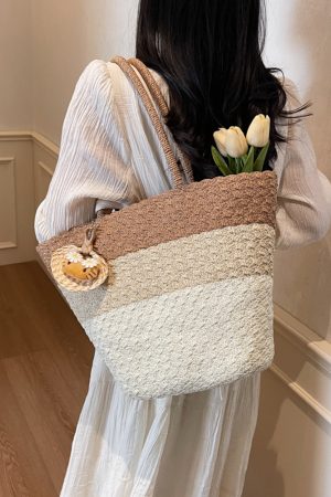 Summer Color-Blocking Woven Bag for Women - Large Capacity Commuting Vegetable Basket Shoulder Beach Bag 2025 Vacation Style