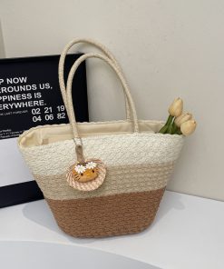 Summer Color-Blocking Woven Bag for Women - Large Capacity Commuting Vegetable Basket Shoulder Beach Bag 2025 Vacation Style