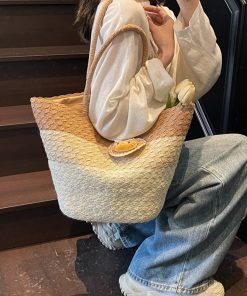 Summer Color-Blocking Woven Bag for Women - Large Capacity Commuting Vegetable Basket Shoulder Beach Bag 2025 Vacation Style