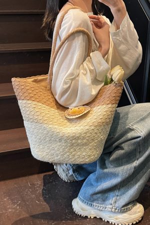 Summer Color-Blocking Woven Bag for Women - Large Capacity Commuting Vegetable Basket Shoulder Beach Bag 2025 Vacation Style