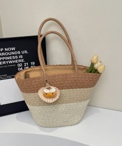 Summer Color-Blocking Woven Bag for Women - Large Capacity Commuting Vegetable Basket Shoulder Beach Bag 2025 Vacation Style