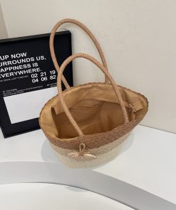 Summer Color-Blocking Woven Bag for Women - Large Capacity Commuting Vegetable Basket Shoulder Beach Bag 2025 Vacation Style