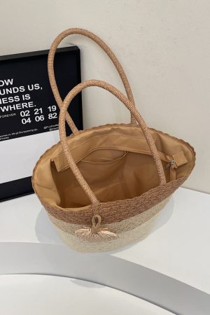 Summer Color-Blocking Woven Bag for Women - Large Capacity Commuting Vegetable Basket Shoulder Beach Bag 2025 Vacation Style