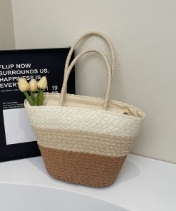 Summer Color-Blocking Woven Bag for Women - Large Capacity Commuting Vegetable Basket Shoulder Beach Bag 2025 Vacation Style