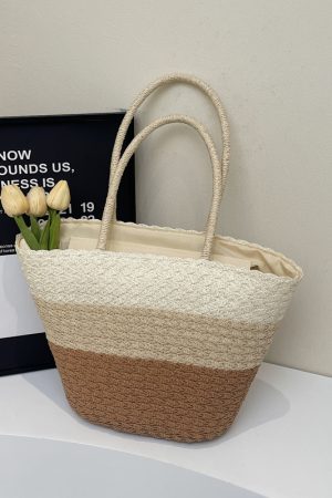 Summer Color-Blocking Woven Bag for Women - Large Capacity Commuting Vegetable Basket Shoulder Beach Bag 2025 Vacation Style