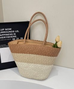 Summer Color-Blocking Woven Bag for Women - Large Capacity Commuting Vegetable Basket Shoulder Beach Bag 2025 Vacation Style