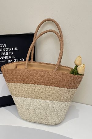 Summer Color-Blocking Woven Bag for Women - Large Capacity Commuting Vegetable Basket Shoulder Beach Bag 2025 Vacation Style