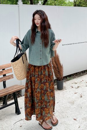 Summer Denim Short Sleeve Shirt and Skirt Two-Piece Set â€“ Elegant Age-Reducing Outfit for May Day OOTD, Perfect for 90s Style