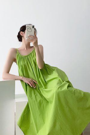 Summer Dopamine Off-Shoulder Camisole Dress for Women, Adjustable Pleated Sleeveless Long Dress, Elegant Beach Vacation Style