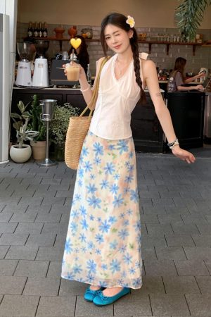 Summer Floral Midi Skirt for Women - Blue Bellflower Print, A-Line Design, Versatile Vacation Style, Perfect for Y2K and Korean Fashion