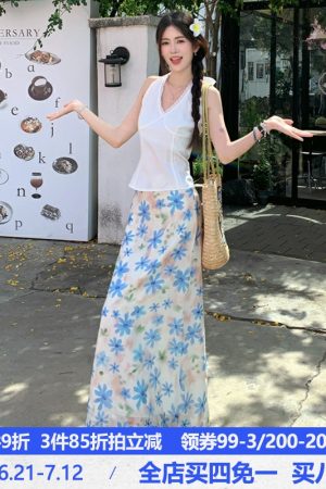 Summer Floral Midi Skirt for Women - Blue Bellflower Print, A-Line Design, Versatile Vacation Style, Perfect for Y2K and Korean Fashion