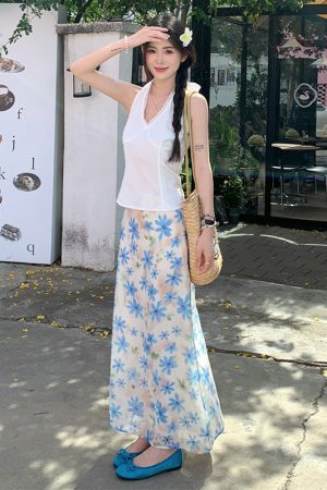 Summer Floral Midi Skirt for Women - Blue Bellflower Print, A-Line Design, Versatile Vacation Style, Perfect for Y2K and Korean Fashion