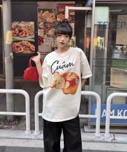 Summer Fruit Print American Style Short Sleeve T-Shirt for Women - Loose Relaxed Vintage Casual Top, Trendy Y2K Aesthetic