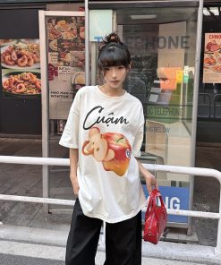 Summer Fruit Print American Style Short Sleeve T-Shirt for Women - Loose Relaxed Vintage Casual Top, Trendy Y2K Aesthetic
