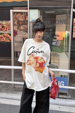 Summer Fruit Print American Style Short Sleeve T-Shirt for Women - Loose Relaxed Vintage Casual Top, Trendy Y2K Aesthetic