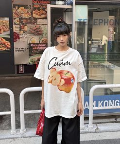 Summer Fruit Print American Style Short Sleeve T-Shirt for Women - Loose Relaxed Vintage Casual Top, Trendy Y2K Aesthetic