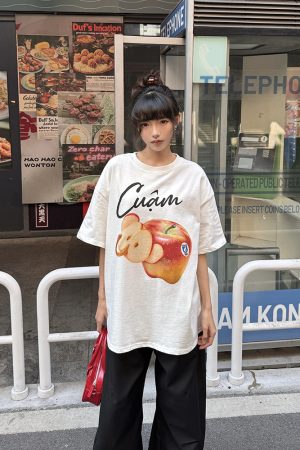 Summer Fruit Print American Style Short Sleeve T-Shirt for Women - Loose Relaxed Vintage Casual Top, Trendy Y2K Aesthetic