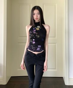 Summer Gradient Floral Print Backless Tie Top - Mesh Design, Y2K Style Fashion Top for Effortless Summer Looks