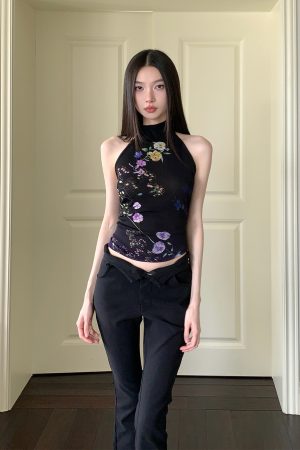 Summer Gradient Floral Print Backless Tie Top - Mesh Design, Y2K Style Fashion Top for Effortless Summer Looks