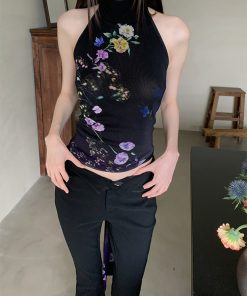 Summer Gradient Floral Print Backless Tie Top - Mesh Design, Y2K Style Fashion Top for Effortless Summer Looks