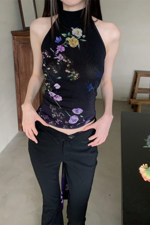 Summer Gradient Floral Print Backless Tie Top - Mesh Design, Y2K Style Fashion Top for Effortless Summer Looks