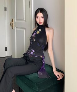 Summer Gradient Floral Print Backless Tie Top - Mesh Design, Y2K Style Fashion Top for Effortless Summer Looks