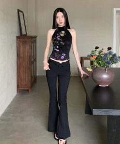 Summer Gradient Floral Print Backless Tie Top - Mesh Design, Y2K Style Fashion Top for Effortless Summer Looks