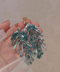 Summer Green Leaf Earrings for Women, Beach Sand Studs, Vacation Travel Ear Drops, Niche Design Clips, Trendy Boho Jewelry