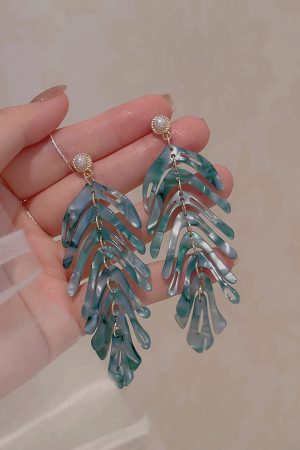 Summer Green Leaf Earrings for Women, Beach Sand Studs, Vacation Travel Ear Drops, Niche Design Clips, Trendy Boho Jewelry