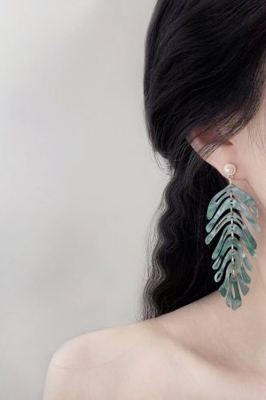Summer Green Leaf Earrings for Women, Beach Sand Studs, Vacation Travel Ear Drops, Niche Design Clips, Trendy Boho Jewelry