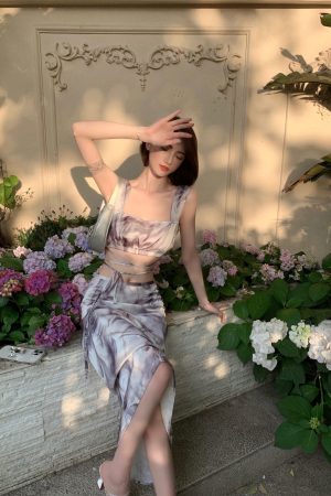 Summer Ink Wash Gradient Tie Strap Vest and Half Skirt Set - Sexy Two-Piece Outfit for Y2K and 90s Fashion Lovers
