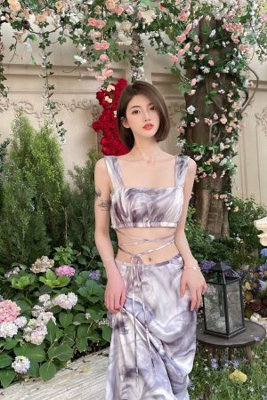 Summer Ink Wash Gradient Tie Strap Vest and Half Skirt Set - Sexy Two-Piece Outfit for Y2K and 90s Fashion Lovers
