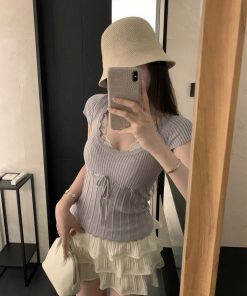 Summer Lace Short-Sleeve Two-Piece T-Shirt for Women - Sexy Waist-Cinching Slim-Fit Knitted Top, Y2K Fashion